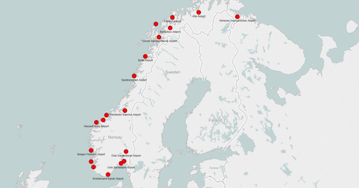 Mapa da Noruega aeroportos