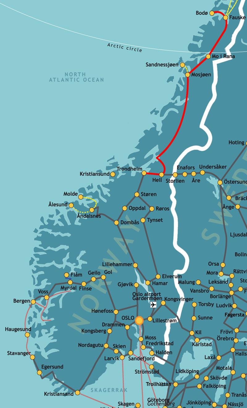 Mapa da Noruega ferroviária do norte