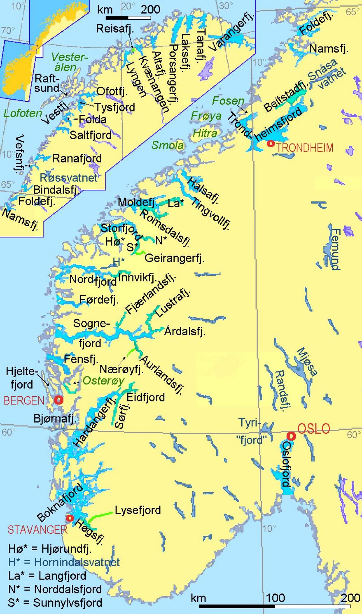 mapa da Noruega mostrando fiordes