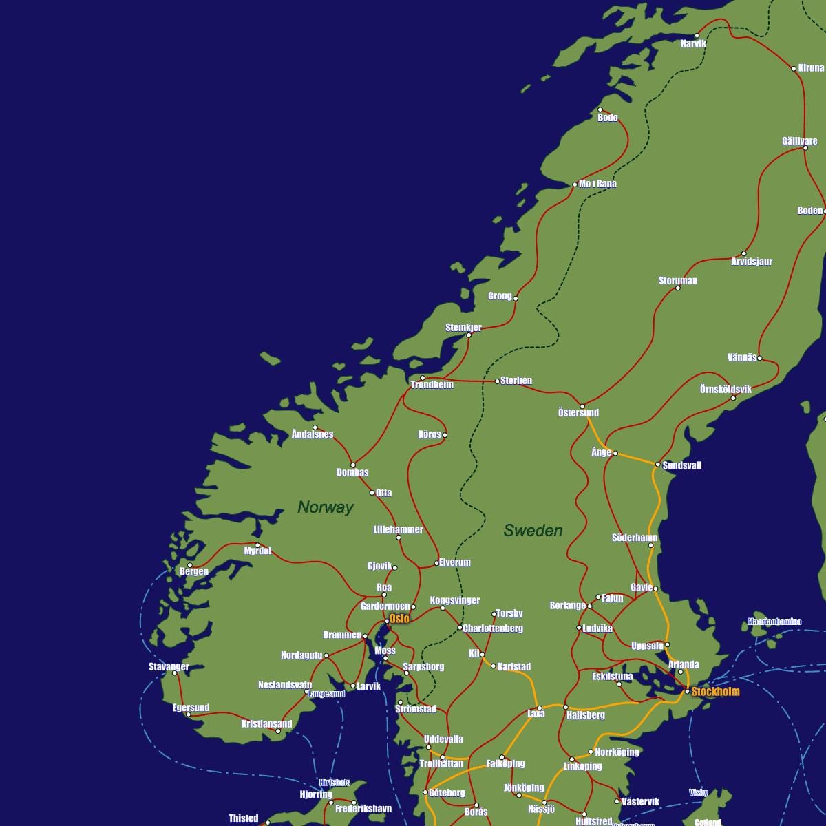 Mapa da Noruega rotas de trem