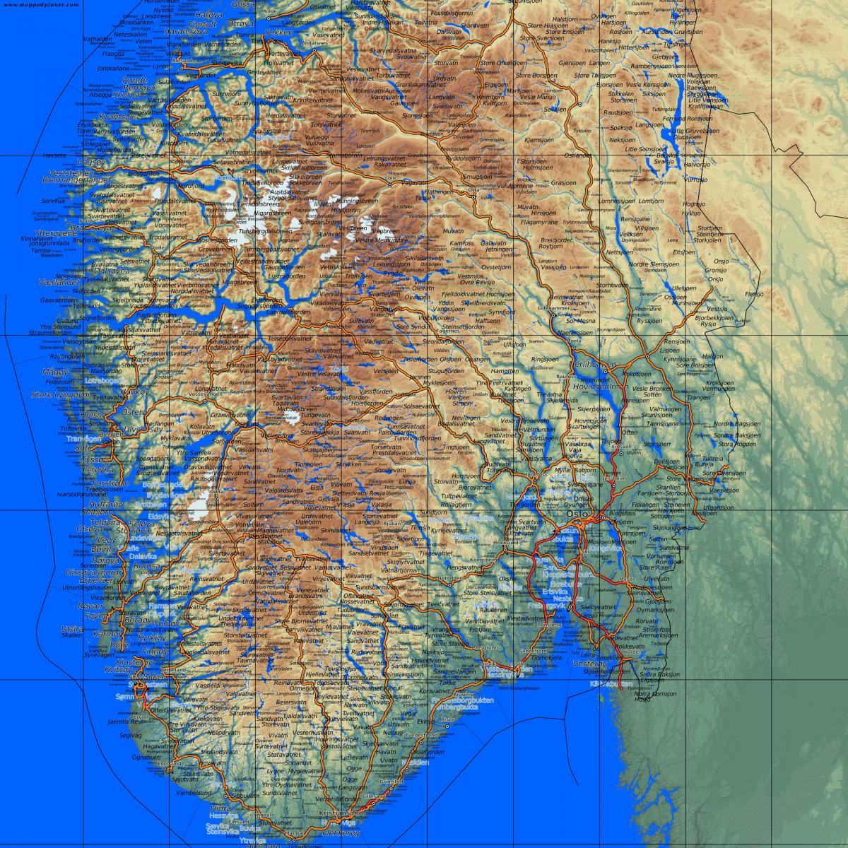 mapa detalhado do sul da Noruega