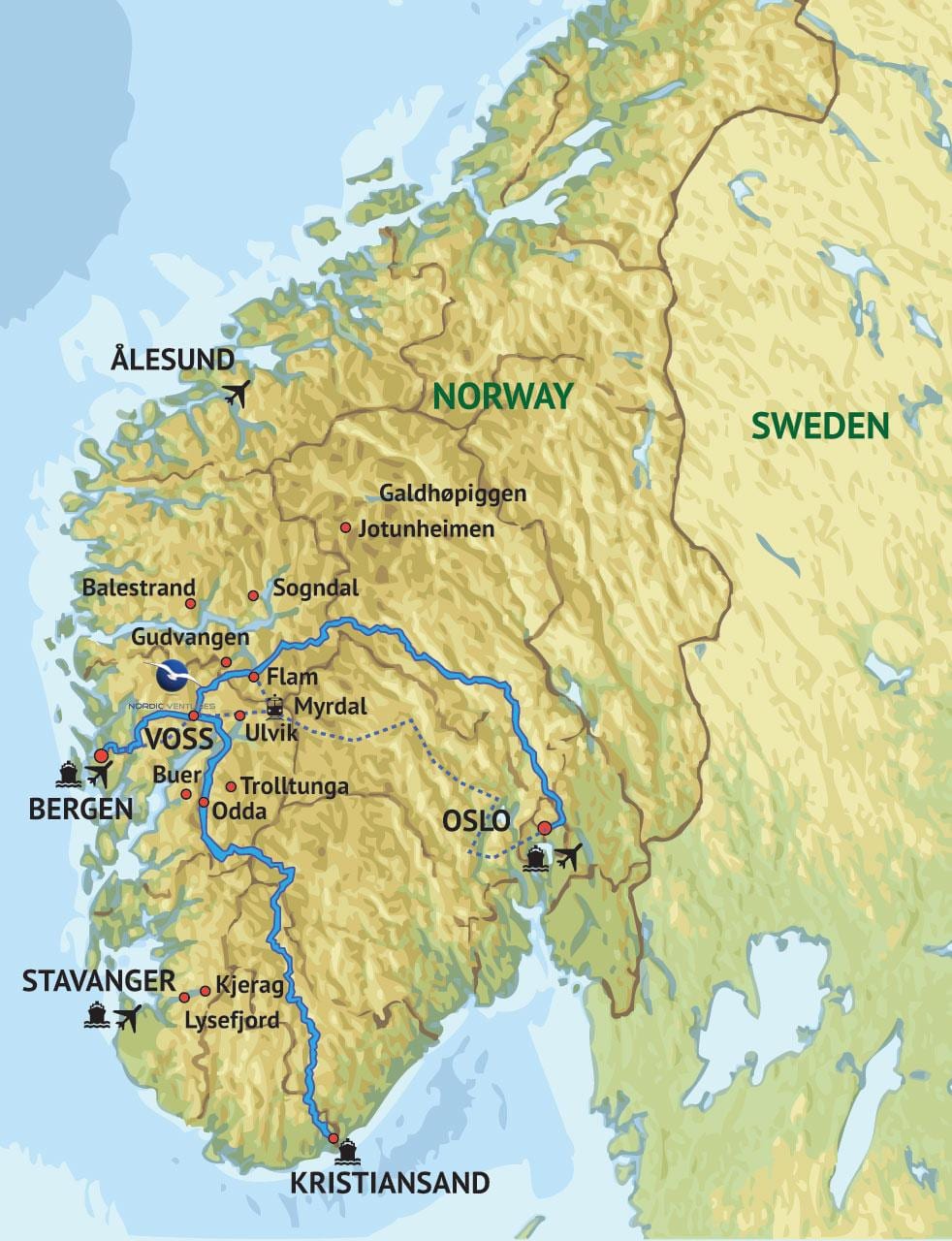 Mapa do sudoeste da Noruega